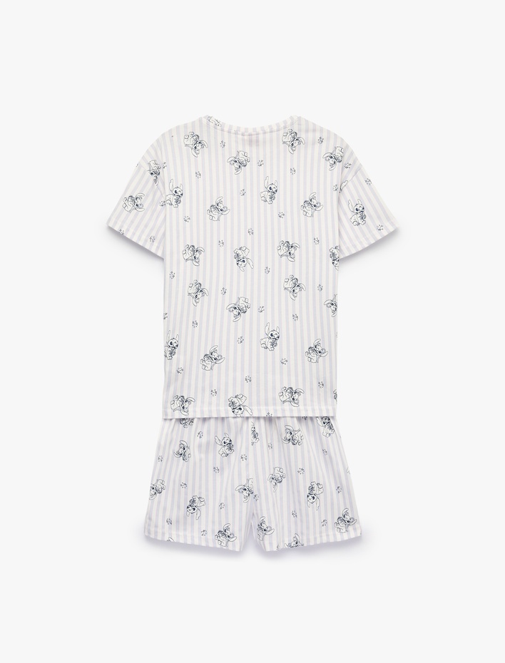  Stitch Baskılı Pamuklu Lisanslı Bisiklet Yaka Kısa Kollu Şortlu Pijama Takımı