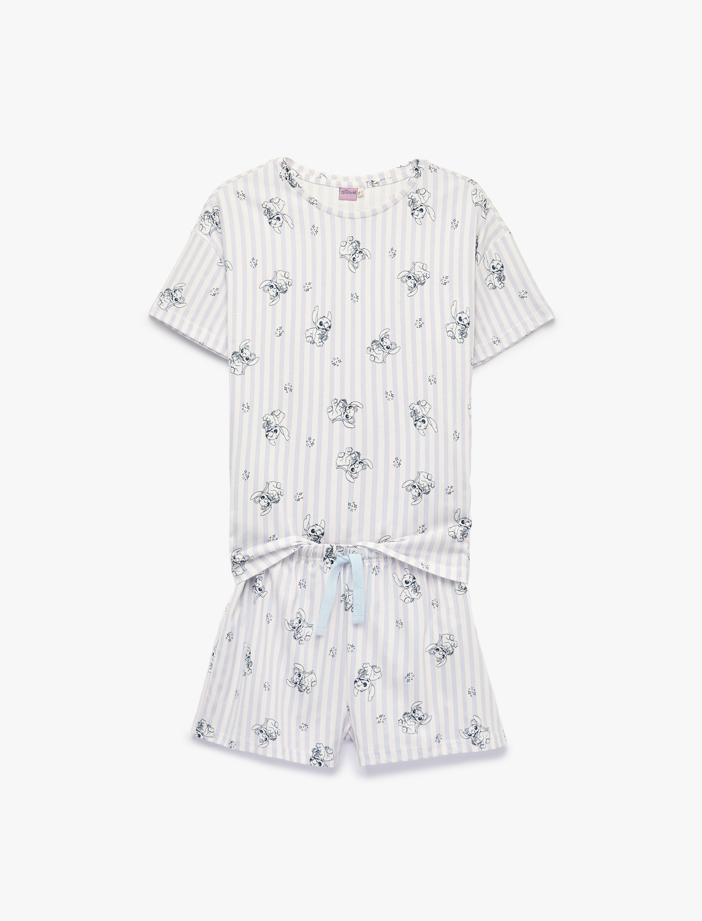   Stitch Baskılı Pamuklu Lisanslı Bisiklet Yaka Kısa Kollu Şortlu Pijama Takımı