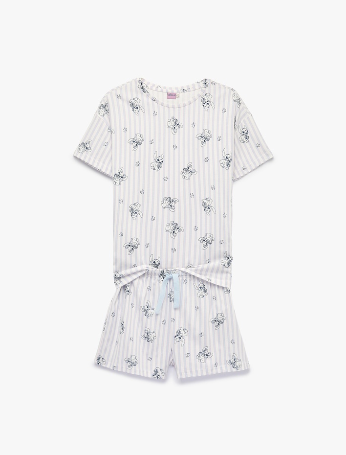  Stitch Baskılı Pamuklu Lisanslı Bisiklet Yaka Kısa Kollu Şortlu Pijama Takımı
