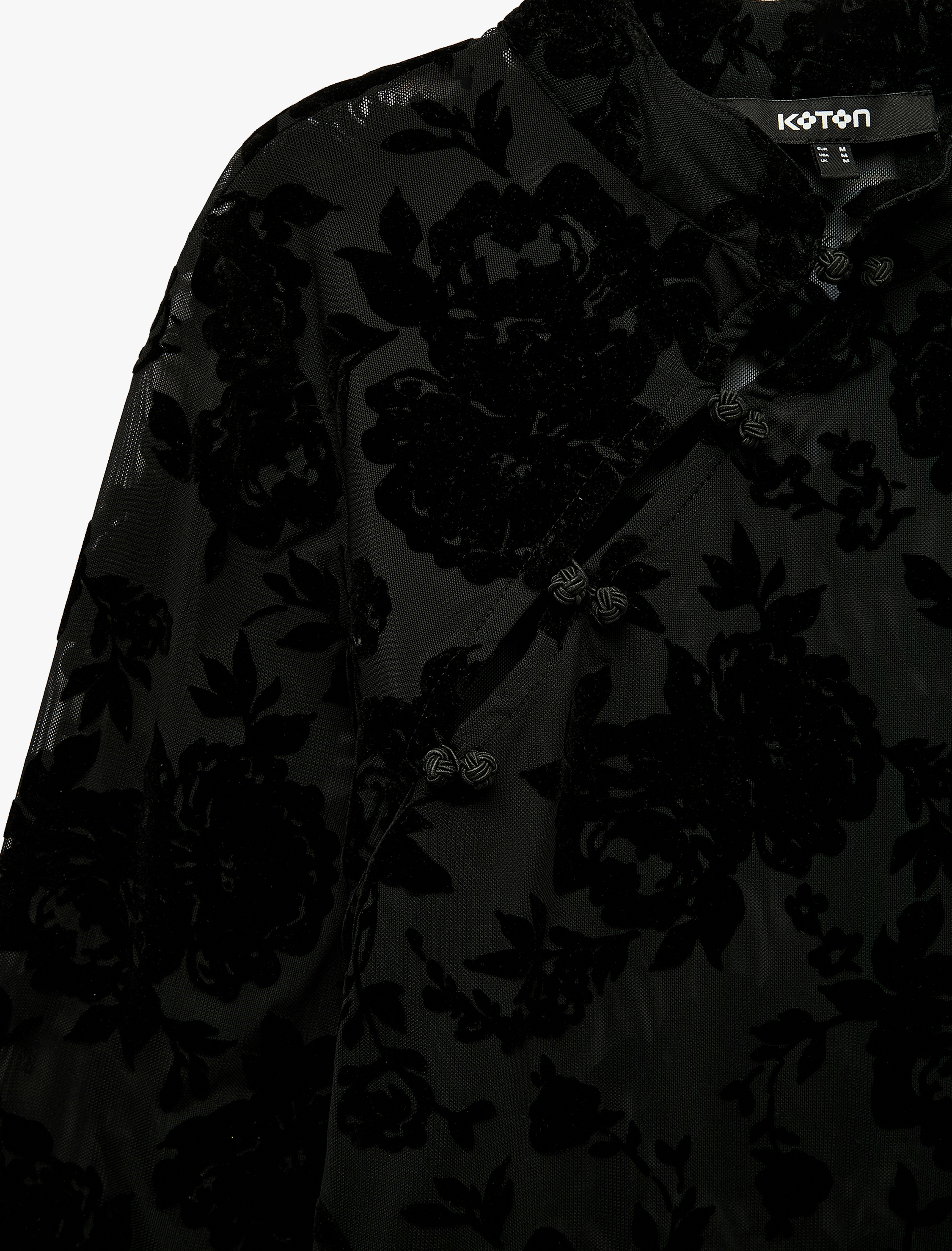   Uzun Kollu Floral Dokulu Dik Qipao Yaka Tül Tişört