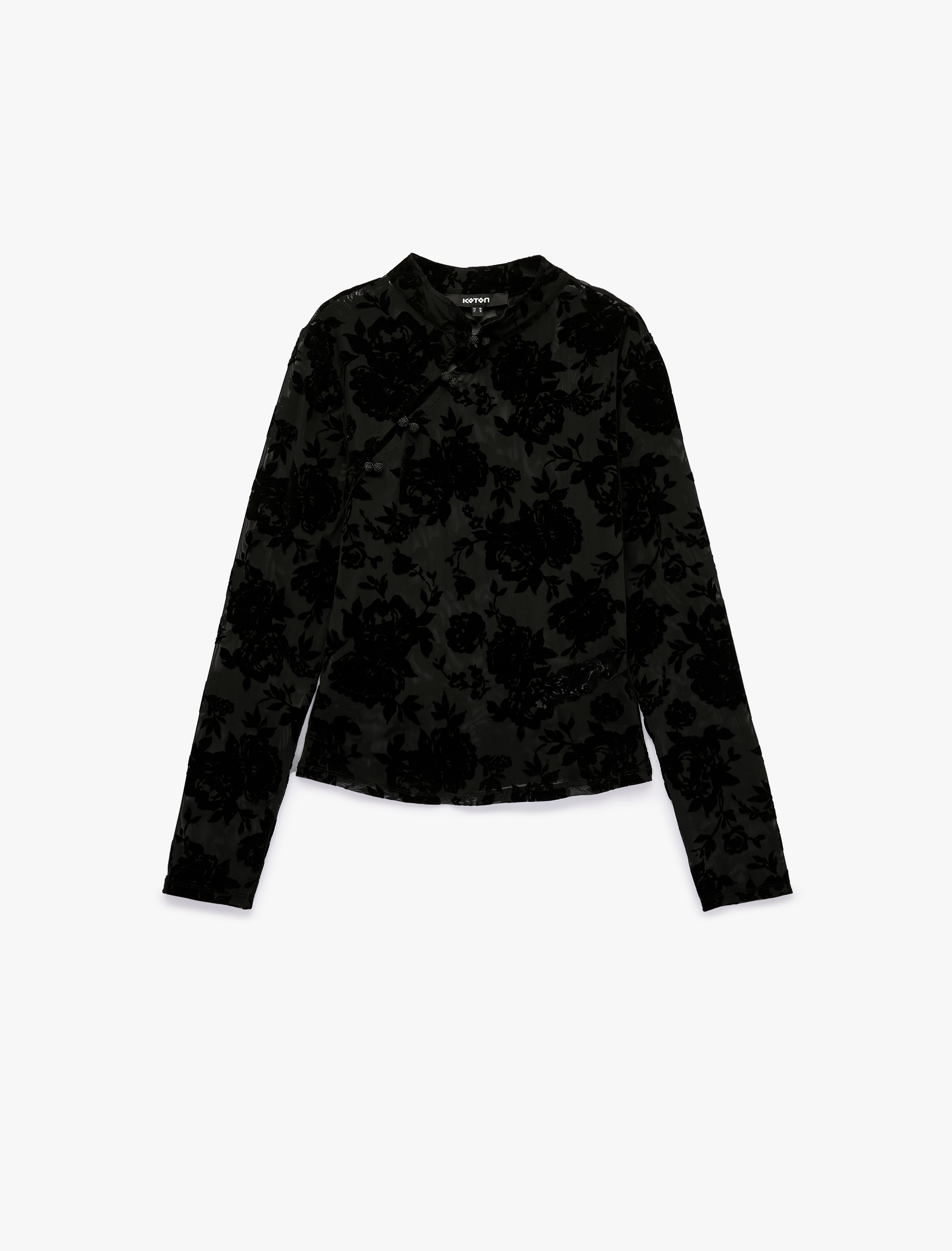   Uzun Kollu Floral Dokulu Dik Qipao Yaka Tül Tişört