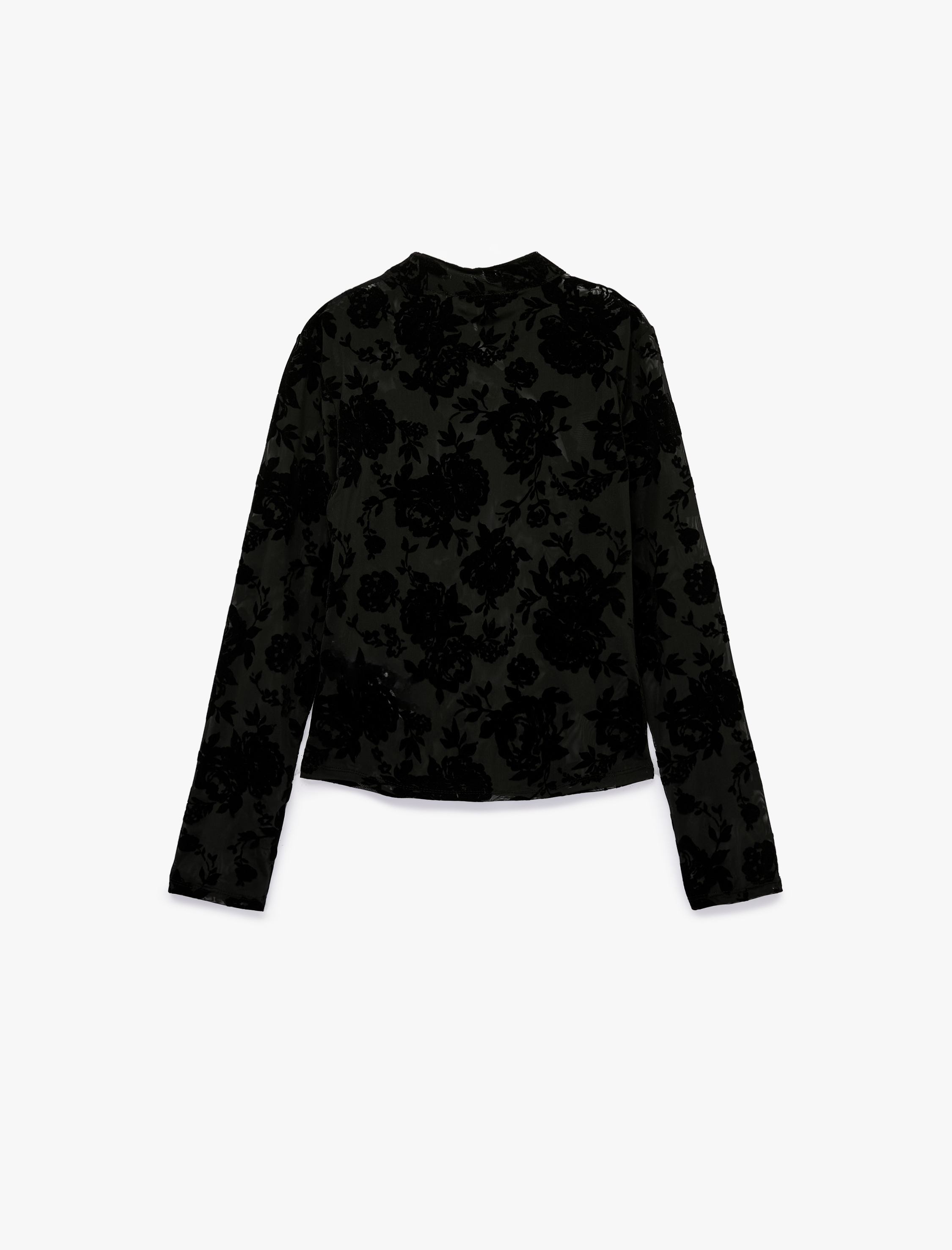   Uzun Kollu Floral Dokulu Dik Qipao Yaka Tül Tişört