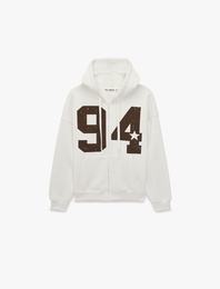 Şardonlu Uzun Kollu Kanguru Cep Detaylı Kapüşonlu Fermuarlı Baskılı Sweatshirt