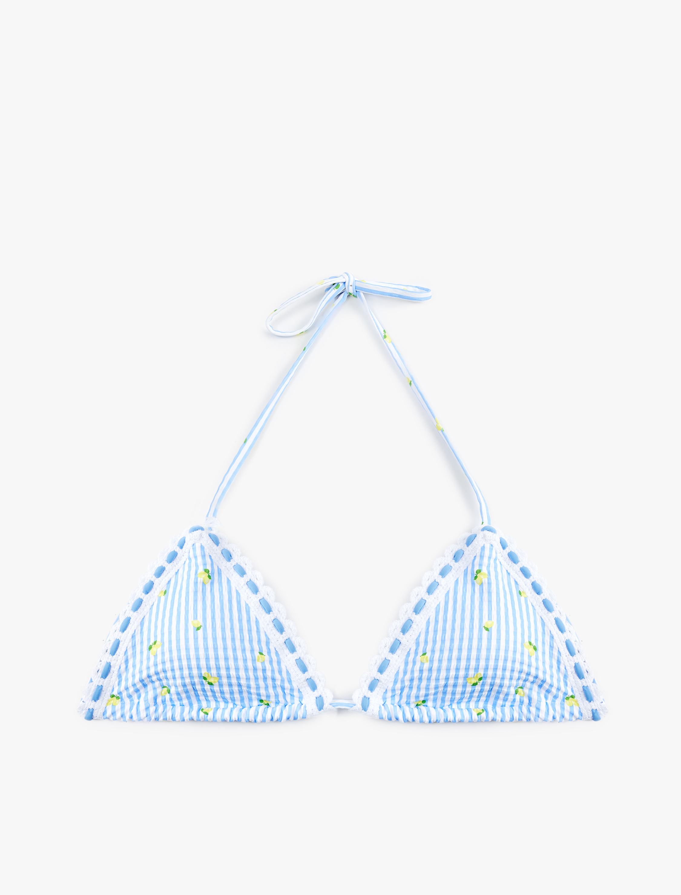   Limon Baskılı Pötikareli Kroşe Detaylı Üçgen Bikini Üstü