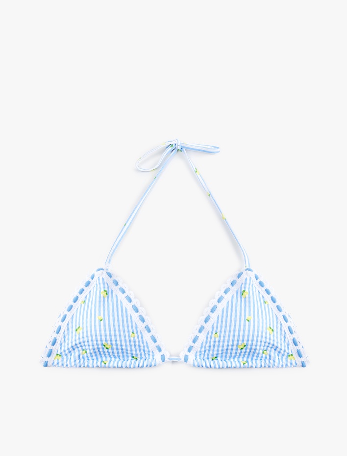  Limon Baskılı Pötikareli Kroşe Detaylı Üçgen Bikini Üstü