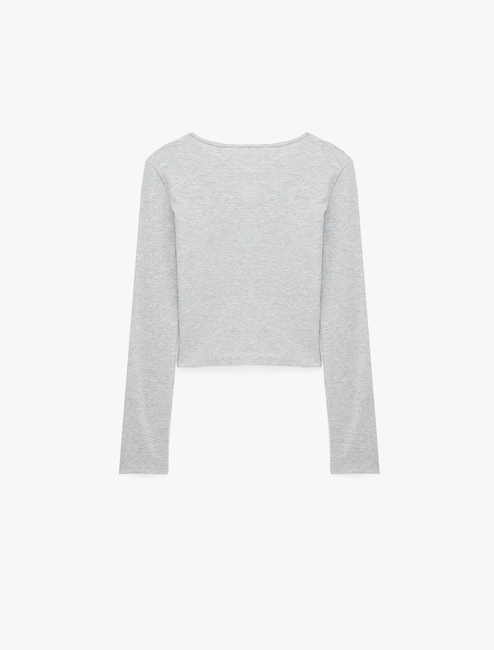  Slim Fit Pamuklu Uzun Kollu Düğmeli Bisiklet Yaka Basic Tişört