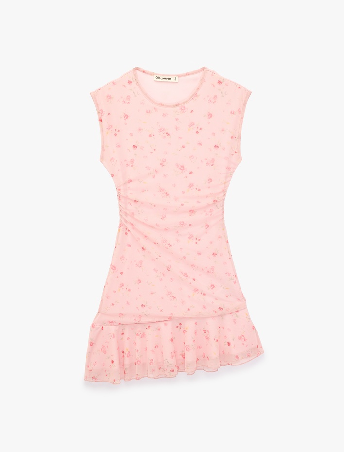  Slim Fit Bisiklet Yaka Drapeli Asimetrik Kesim Çiçekli Mini Tül Elbise