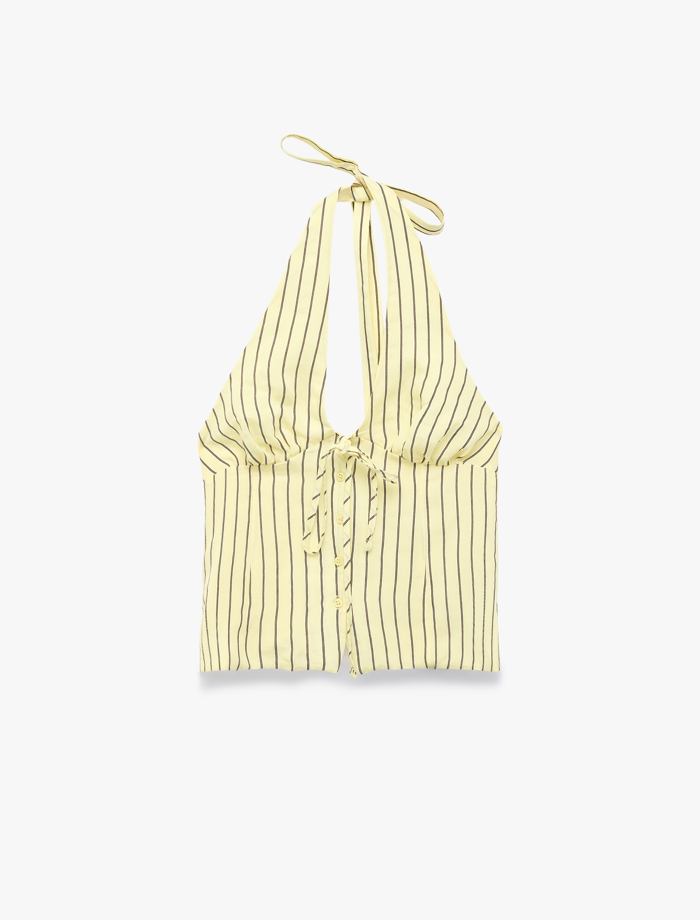   Düğmeli Halter Yaka Boyundan Bağlamalı Çizgili Crop Bluz