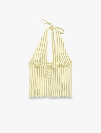 Düğmeli Halter Yaka Boyundan Bağlamalı Çizgili Crop Bluz