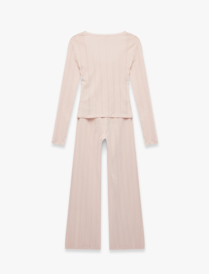  Pamuklu U Yaka Fiyonk Detaylı Uzun Kollu Pijama Takımı