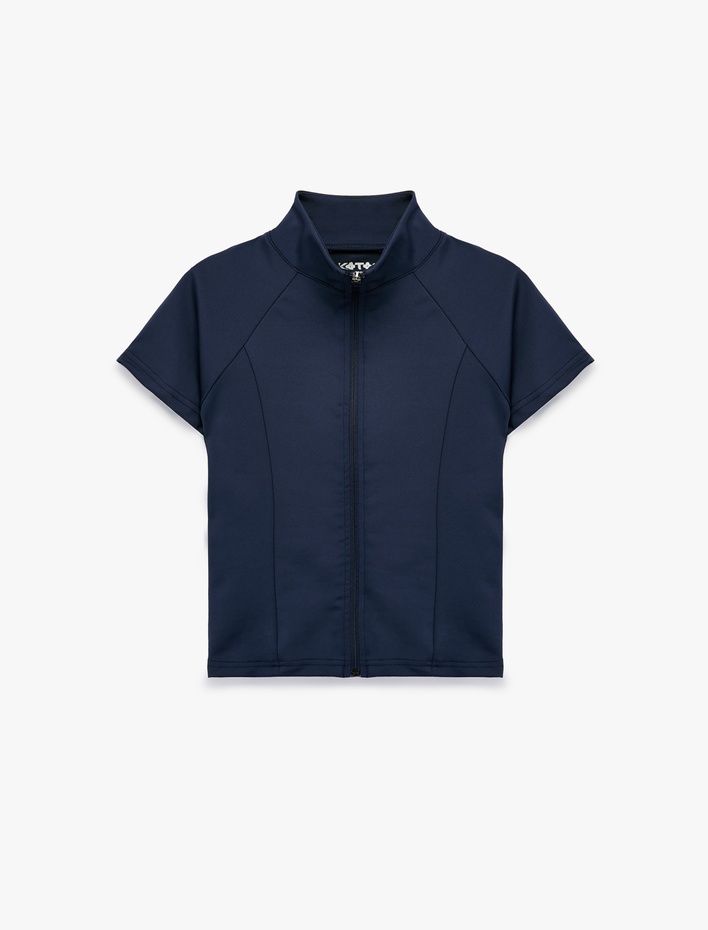  Slim Fit Kolsuz Dik Yaka Fermuarlı Spor Tişört