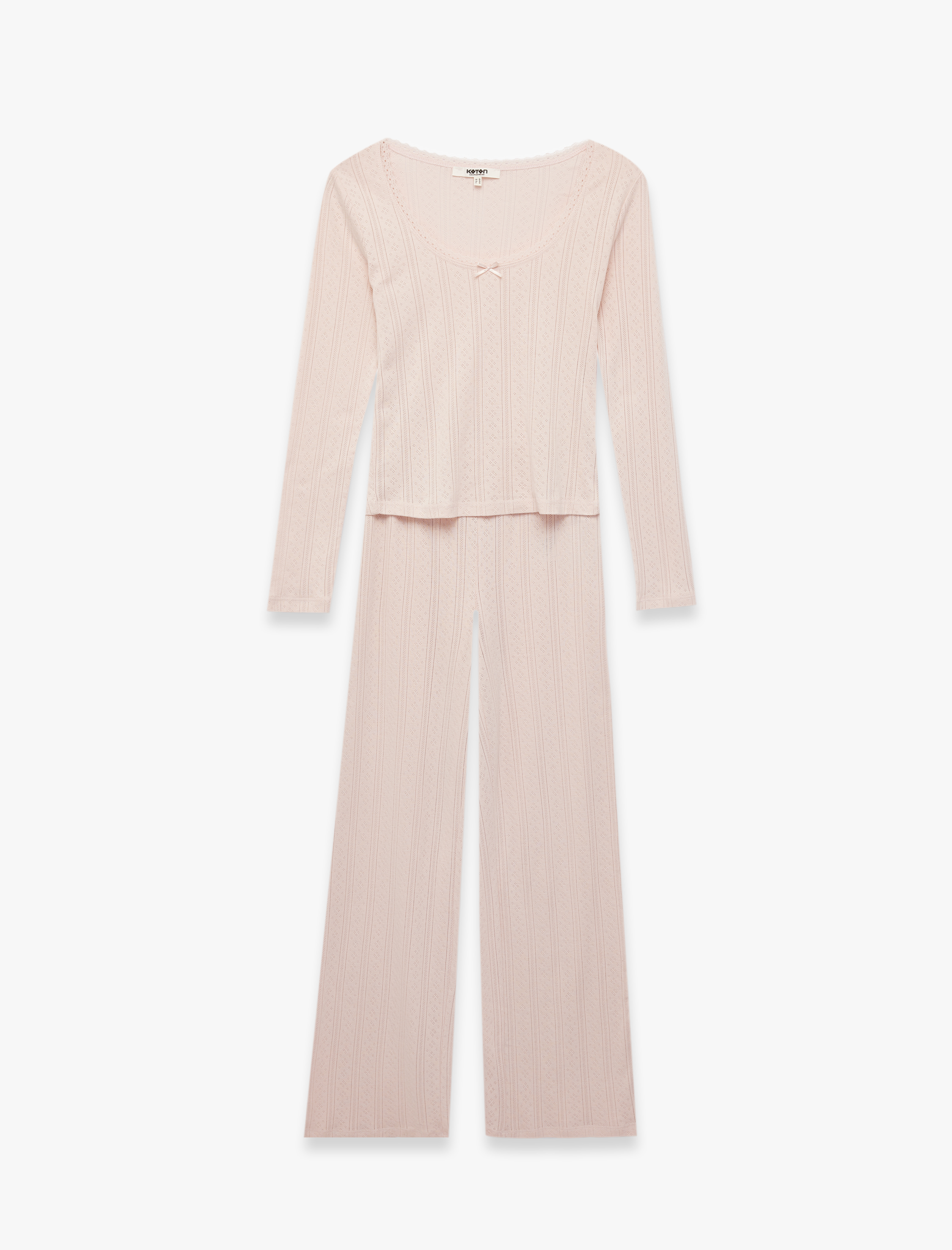   Pamuklu U Yaka Fiyonk Detaylı Uzun Kollu Pijama Takımı
