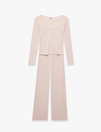 Pamuklu U Yaka Fiyonk Detaylı Uzun Kollu Pijama Takımı
