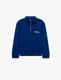 Pamuklu Uzun Kollu Baskılı Yarım Fermuarlı Sweatshirt