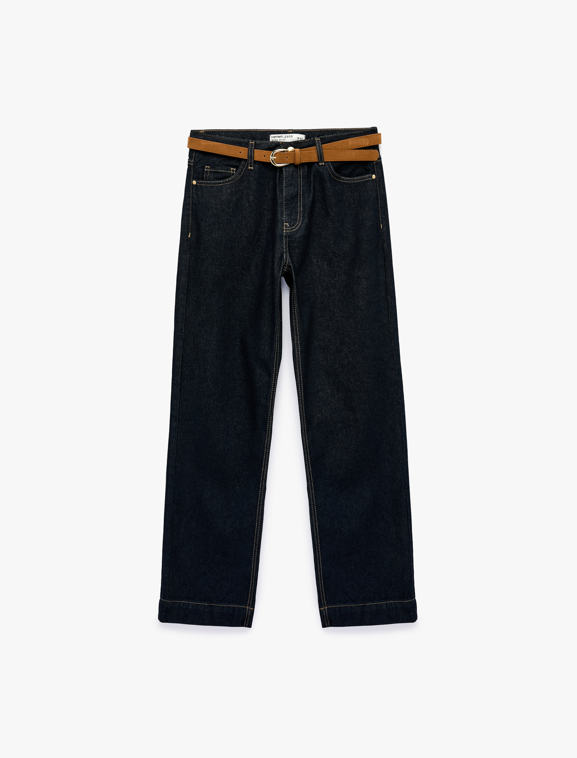   Kemerli Pamuklu Duble Paça Straight Denim Pantolon - Straight Fit Jean