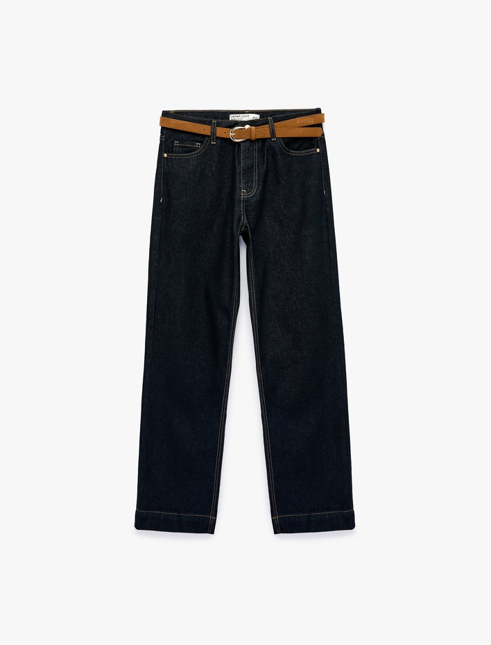  Kemerli Pamuklu Duble Paça Straight Denim Pantolon - Straight Fit Jean