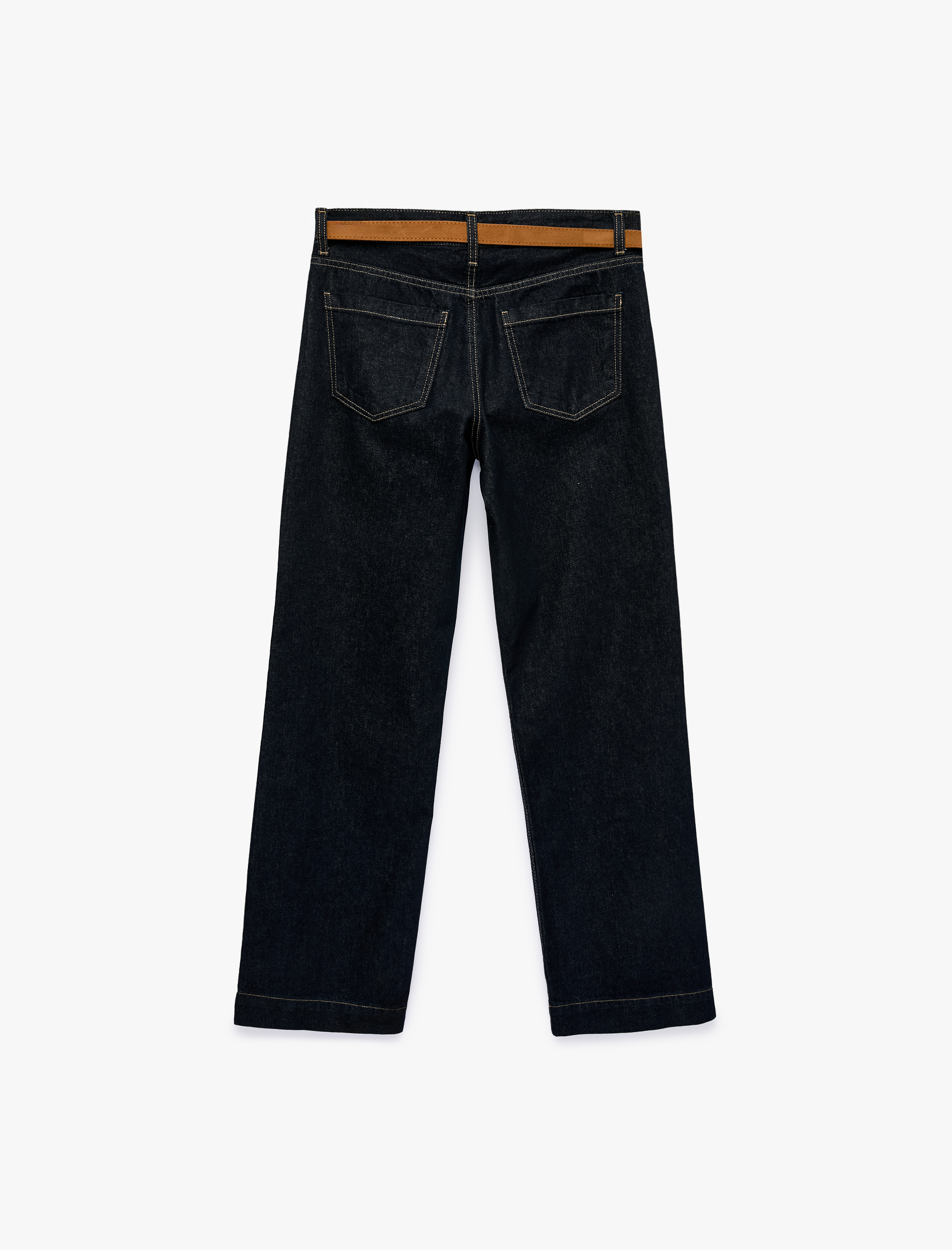   Kemerli Pamuklu Duble Paça Straight Denim Pantolon - Straight Fit Jean