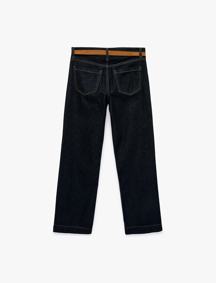  Kemerli Pamuklu Duble Paça Straight Denim Pantolon - Straight Fit Jean
