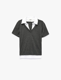 Çift Kumaş Kullanımlı Katmanlı Slim Fit Kısa Kollu Gömlek Detaylı Tişört