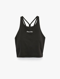 Slim Fit İnterlok Kumaş Sırt Detaylı Bisiklet Yaka Baskılı Sporcu Sütyeni