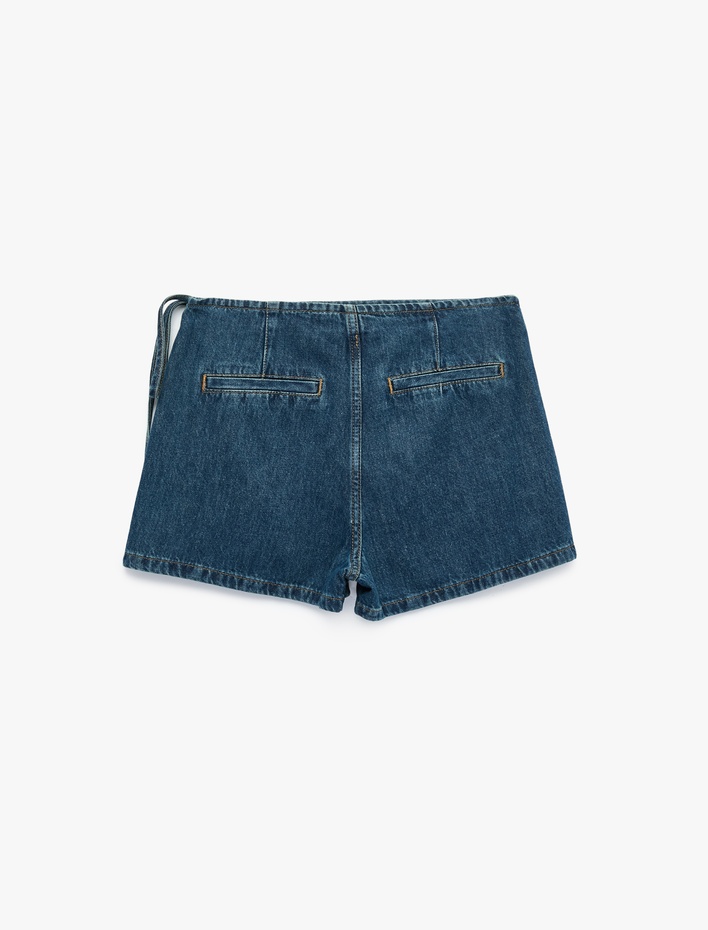  Rahat Kalıp Bağlama Detaylı Pamuklu Mini Denim Şort Etek