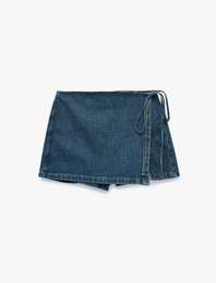 Rahat Kalıp Bağlama Detaylı Pamuklu Mini Denim Şort Etek