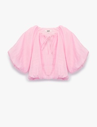 Yuvarlak Bağcıklı Yaka Balon Kollu Crop Bluz