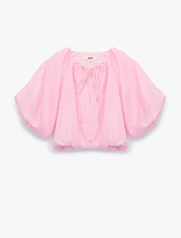  Yuvarlak Bağcıklı Yaka Balon Kollu Crop Bluz