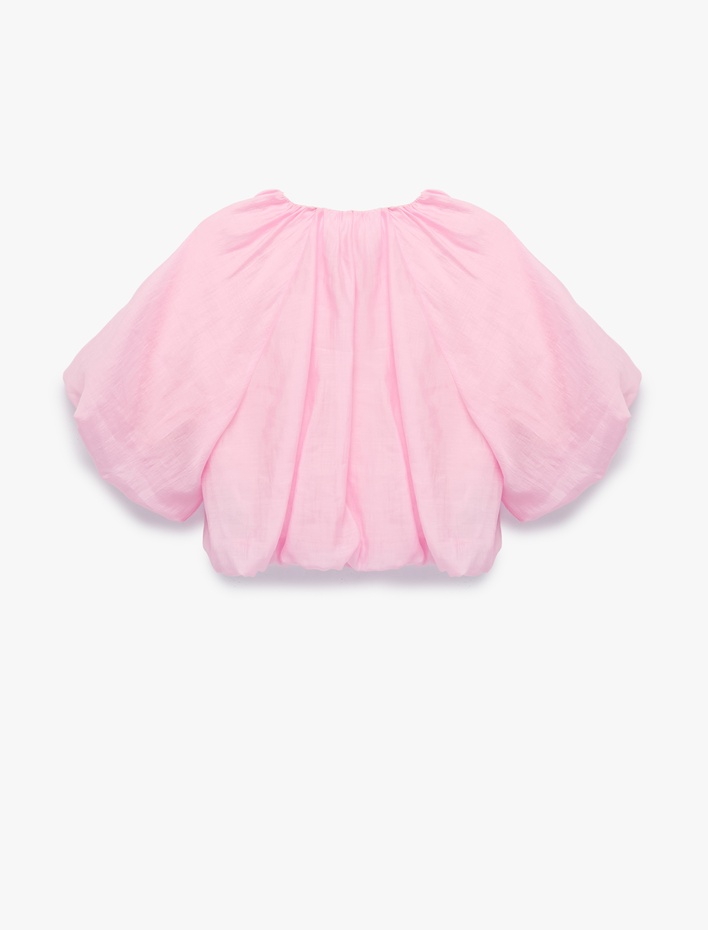  Yuvarlak Bağcıklı Yaka Balon Kollu Crop Bluz