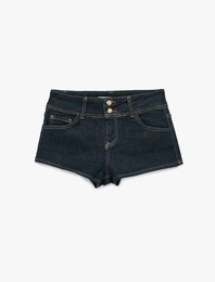 Pamuklu Normal Bel Cep Detaylı Düğmeli Mini Denim Şort