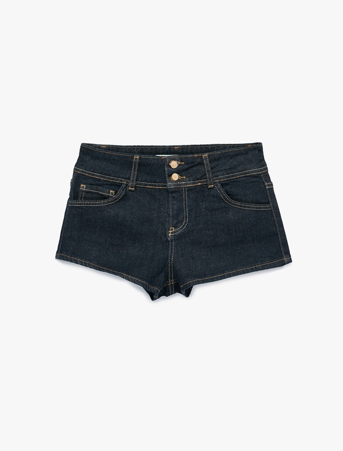  Pamuklu Normal Bel Cep Detaylı Düğmeli Mini Denim Şort