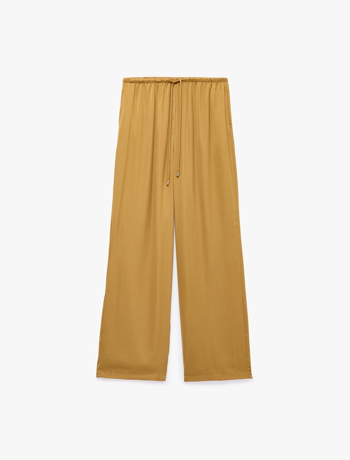 Aerobin Kumaş Straight Fit Cepli Düz Geniş Paça Saten Pantolon