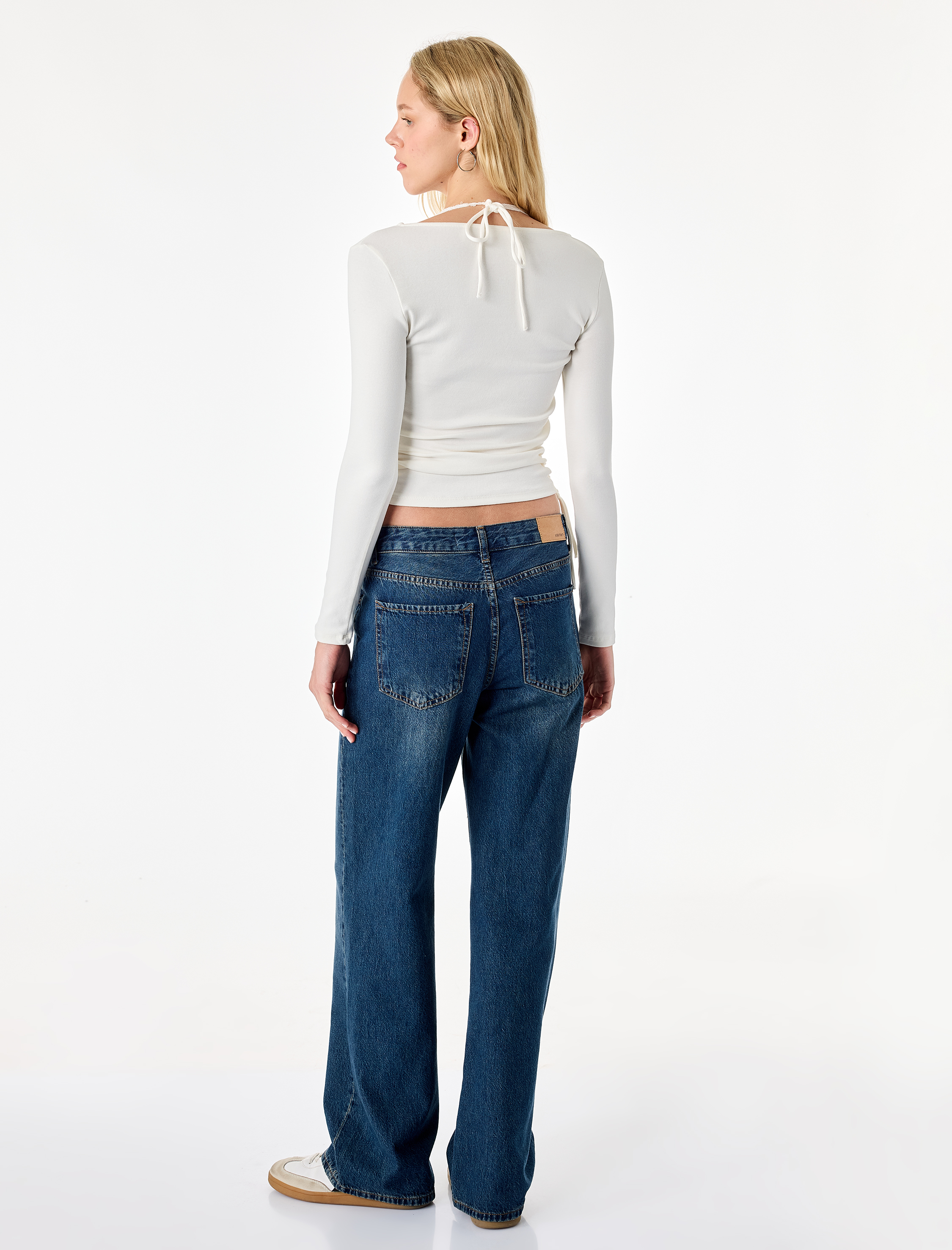   Pamuklu Büzgülü Slim Fit Uzun Kollu Halter Yaka İkili Tişört