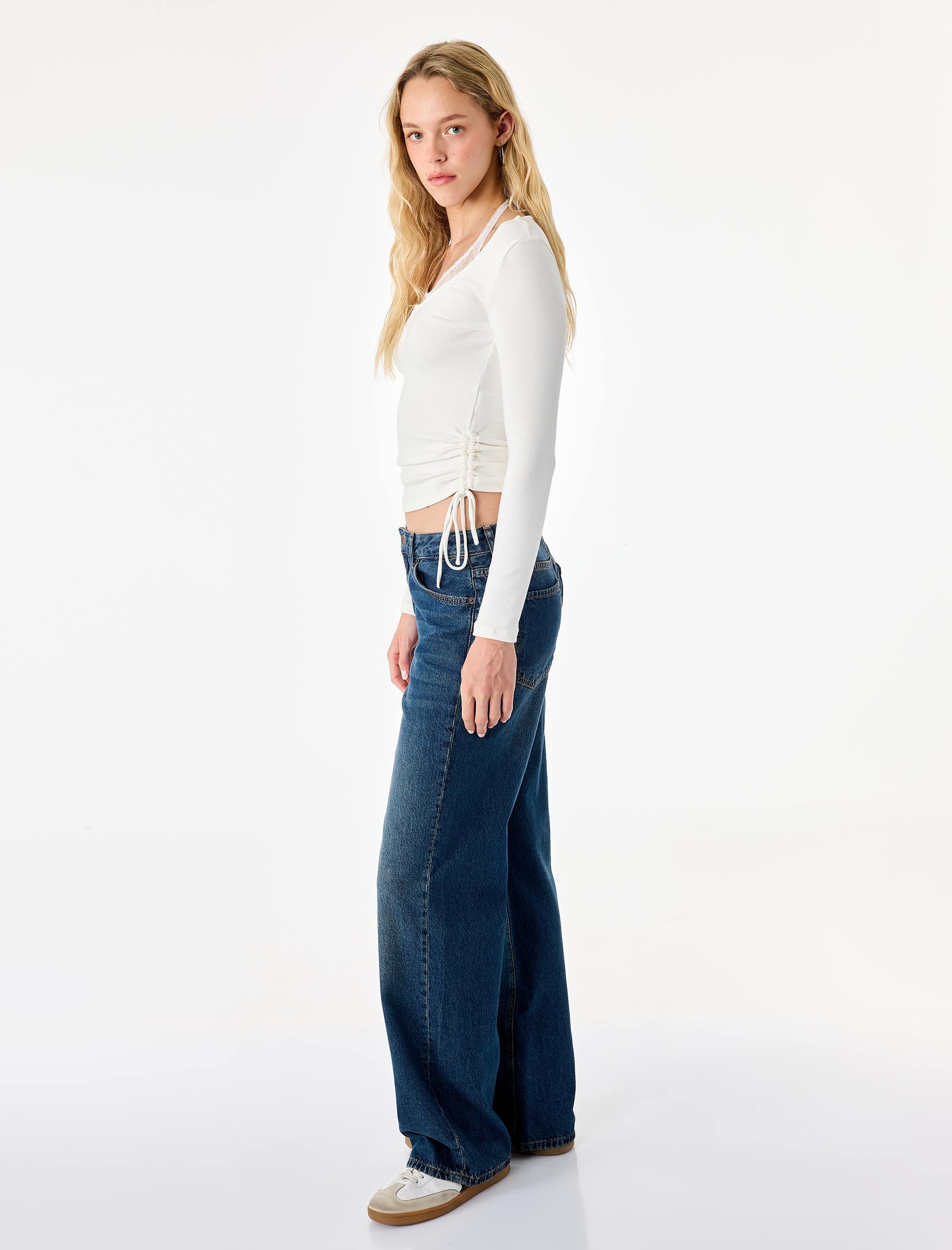   Pamuklu Büzgülü Slim Fit Uzun Kollu Halter Yaka İkili Tişört