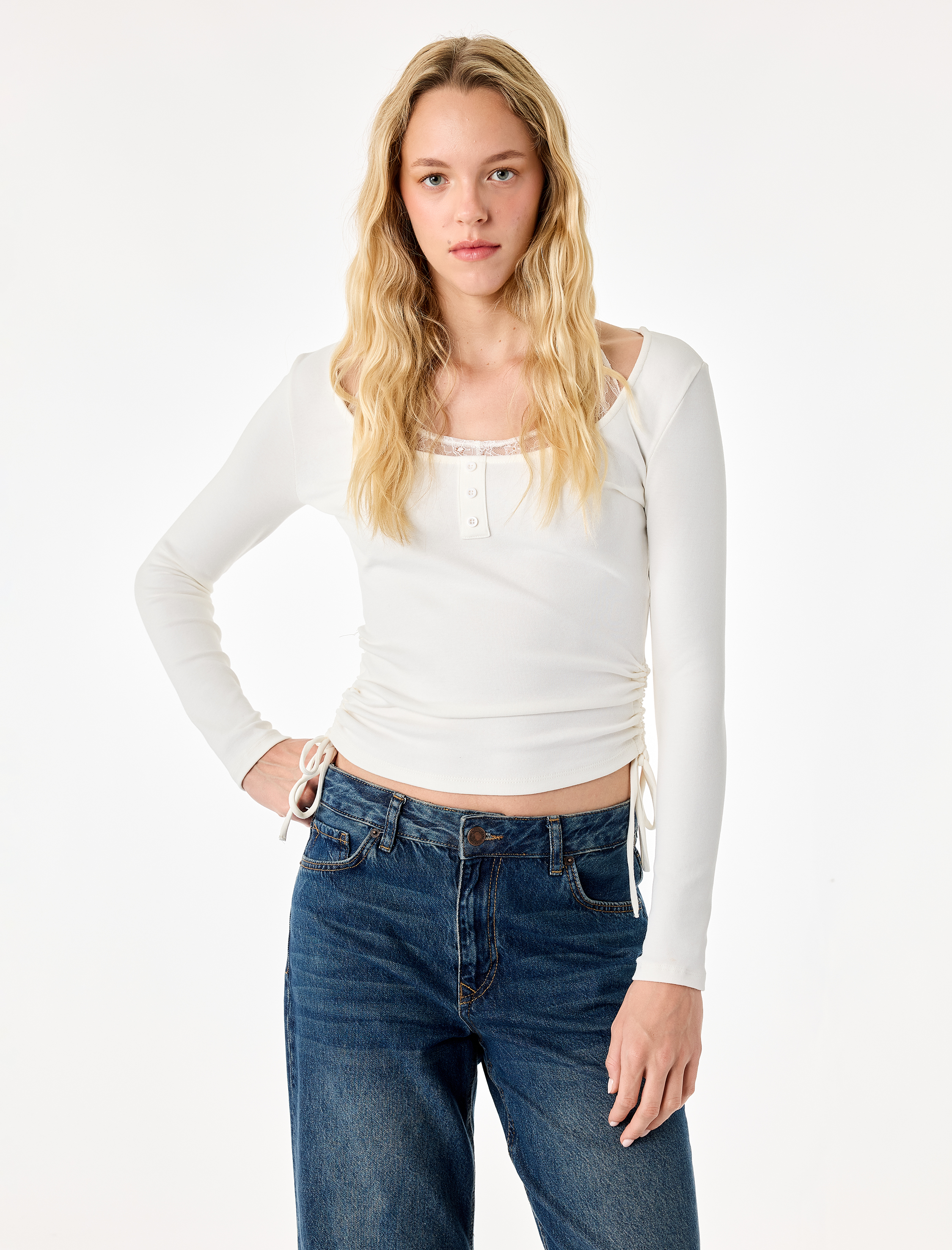   Pamuklu Büzgülü Slim Fit Uzun Kollu Halter Yaka İkili Tişört