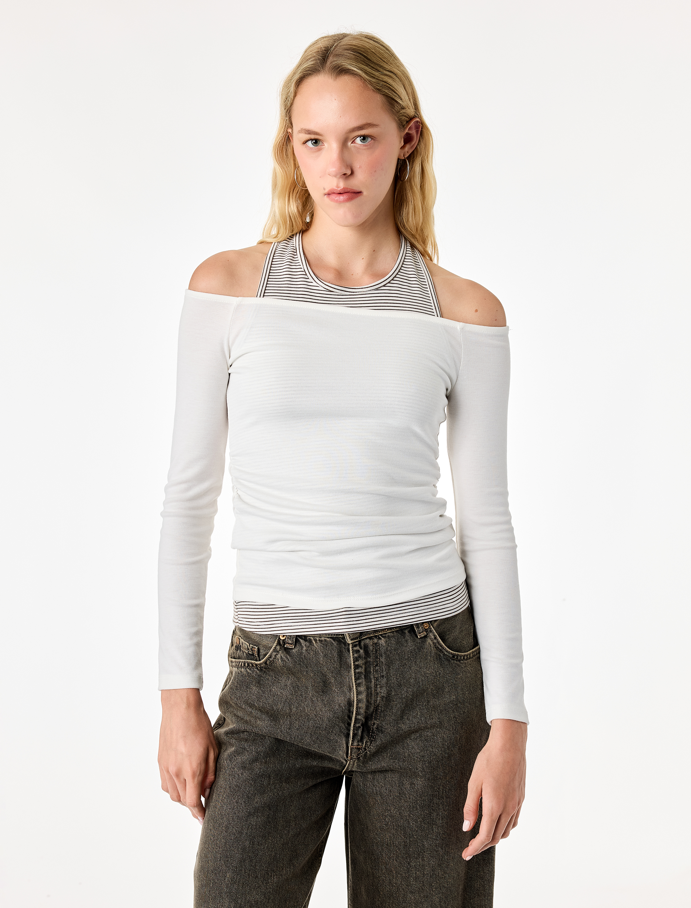   Slim Fit Viskon Karışımlı Halter Yaka Uzun Kollu İkili Tişört