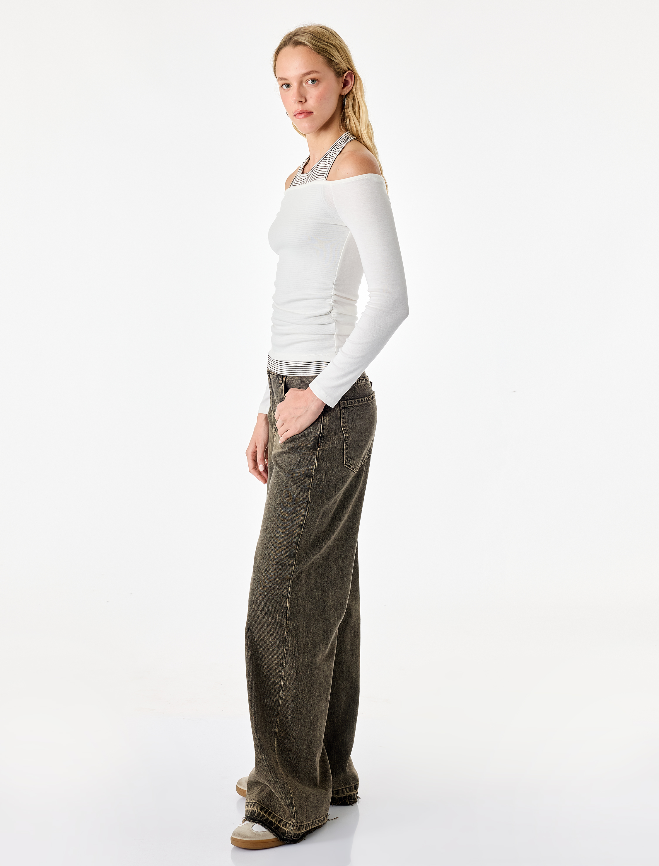   Slim Fit Viskon Karışımlı Halter Yaka Uzun Kollu İkili Tişört