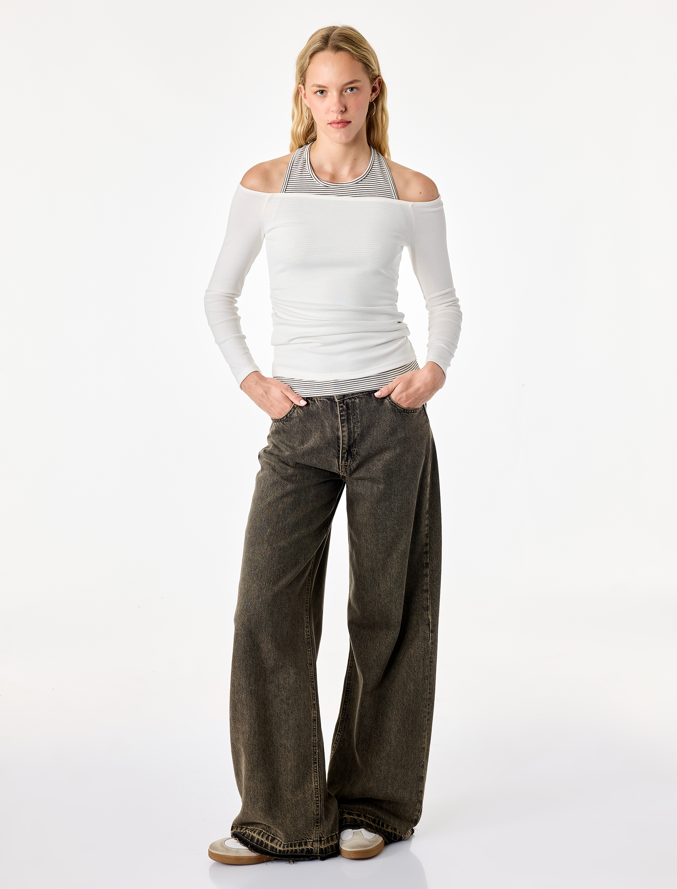   Slim Fit Viskon Karışımlı Halter Yaka Uzun Kollu İkili Tişört