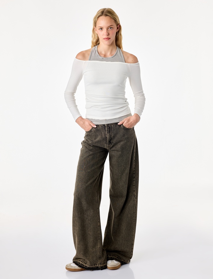  Slim Fit Viskon Karışımlı Halter Yaka Uzun Kollu İkili Tişört