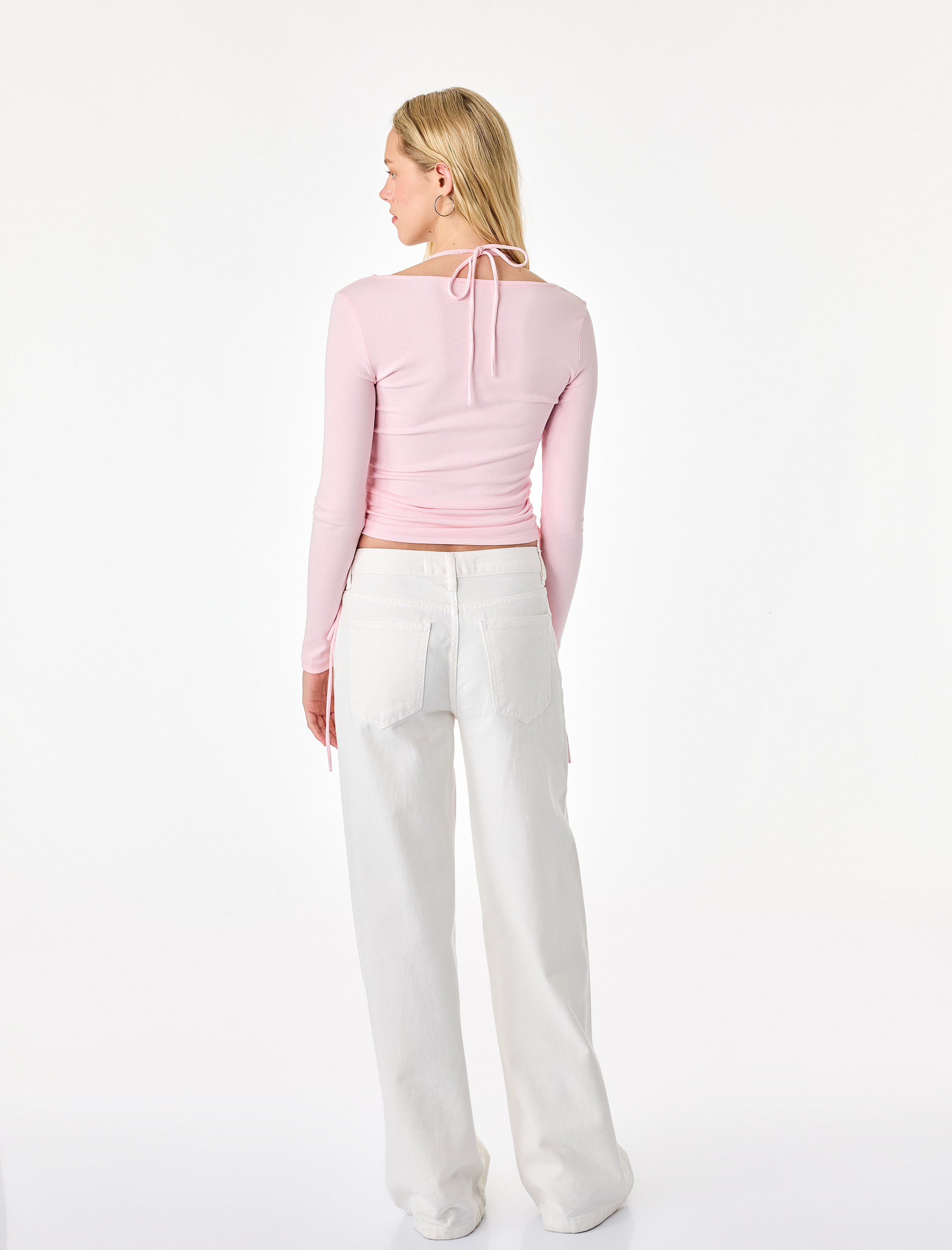   Pamuklu Büzgülü Slim Fit Uzun Kollu Halter Yaka İkili Tişört