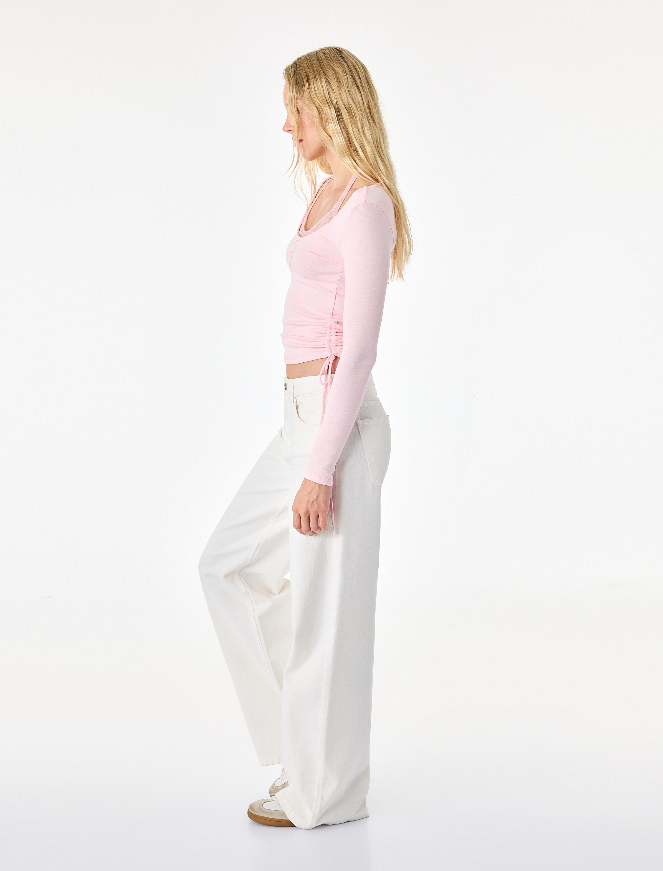   Pamuklu Büzgülü Slim Fit Uzun Kollu Halter Yaka İkili Tişört