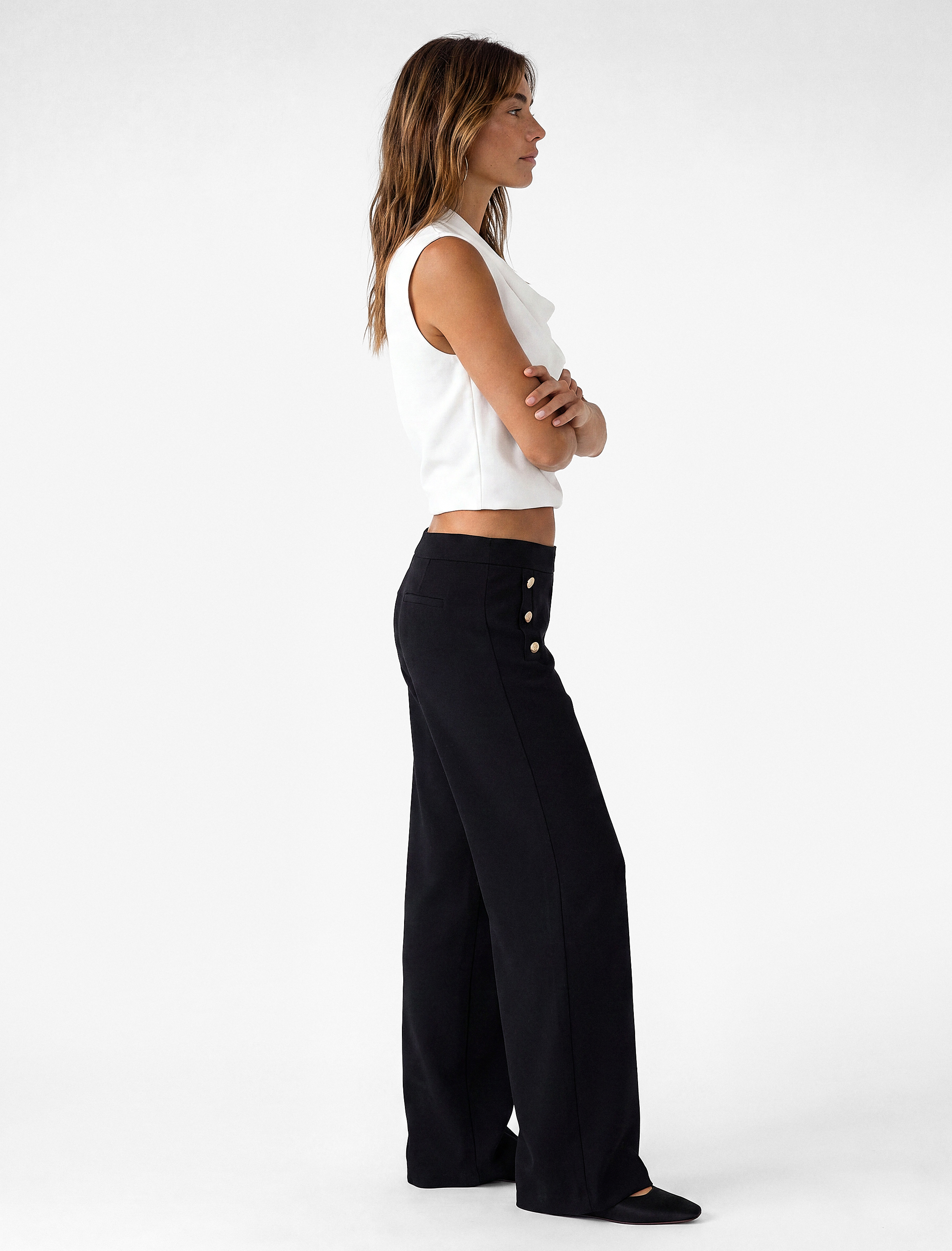   Düğme Detaylı Düz Bol Paça Pantolon