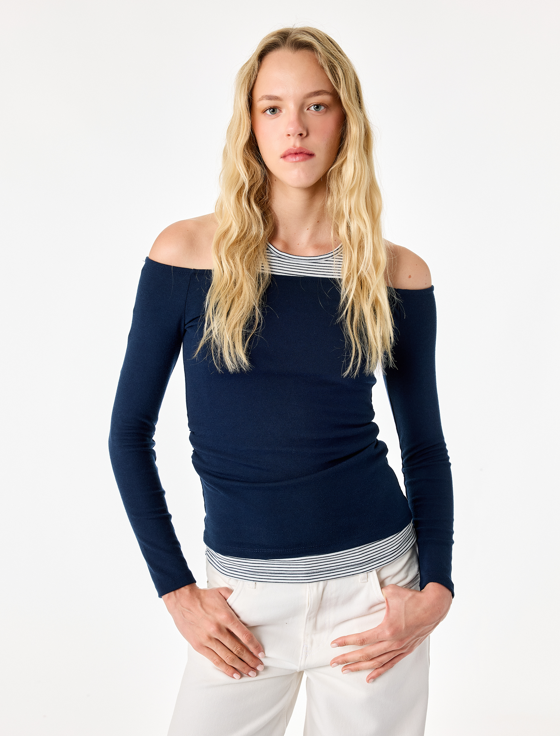  Slim Fit Viskon Karışımlı Halter Yaka Uzun Kollu İkili Tişört