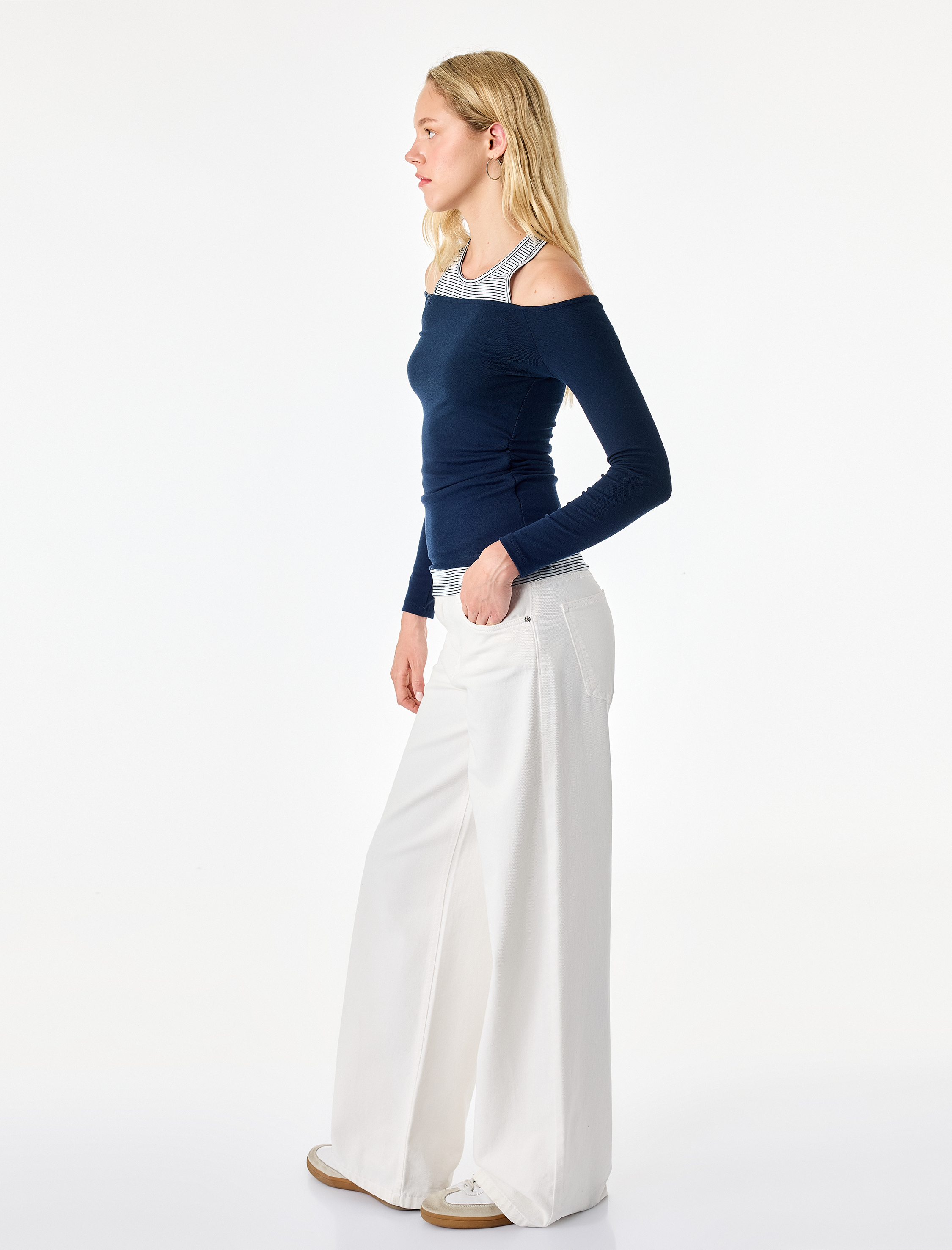   Slim Fit Viskon Karışımlı Halter Yaka Uzun Kollu İkili Tişört