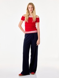 Slim Fit Drapeli Omzu Açık Katmanlı Kısa Kollu Halter Yaka Tişört