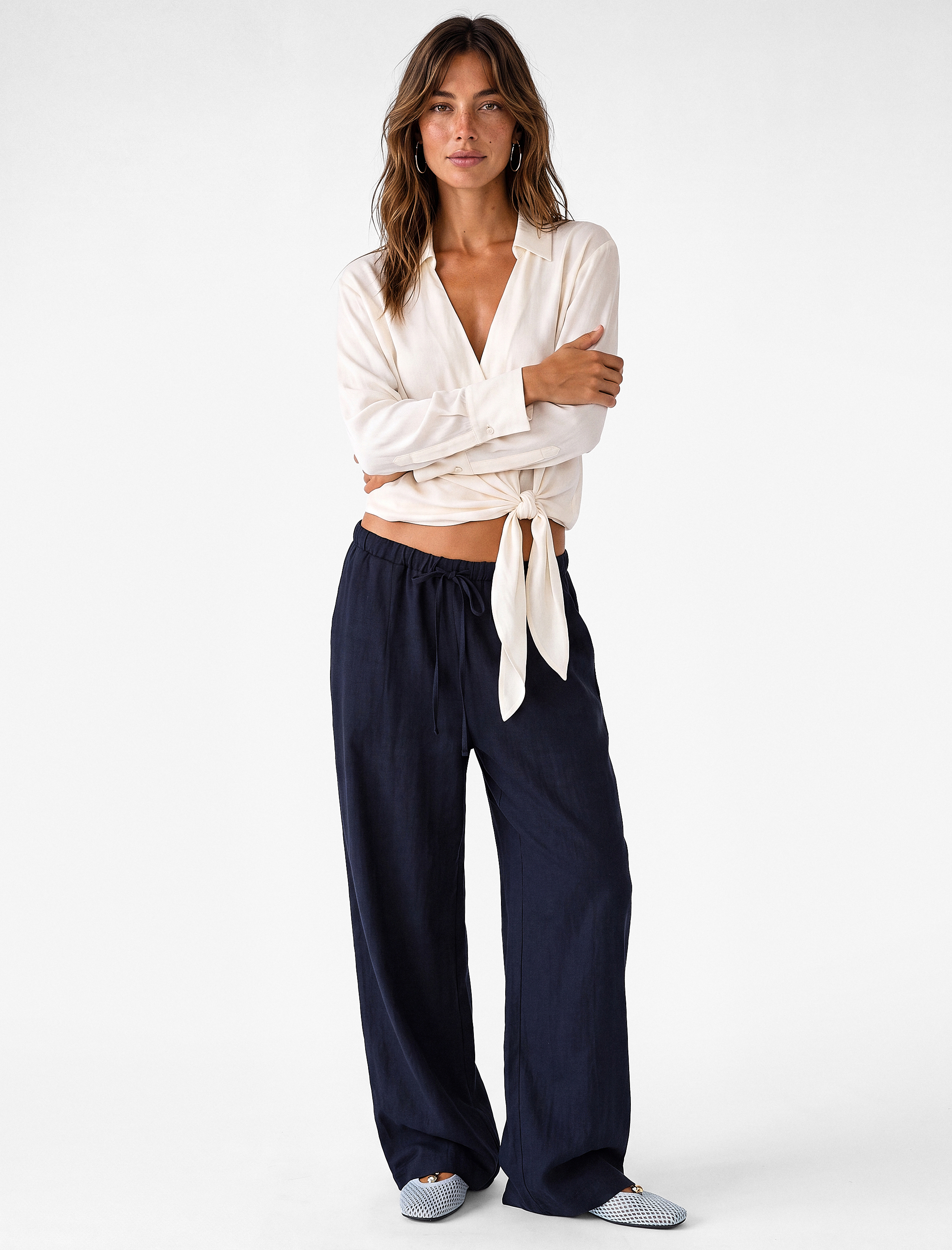   Viskon Kumaş Beli Bağcıklı Loose Fit Cepli Balon Pantolon
