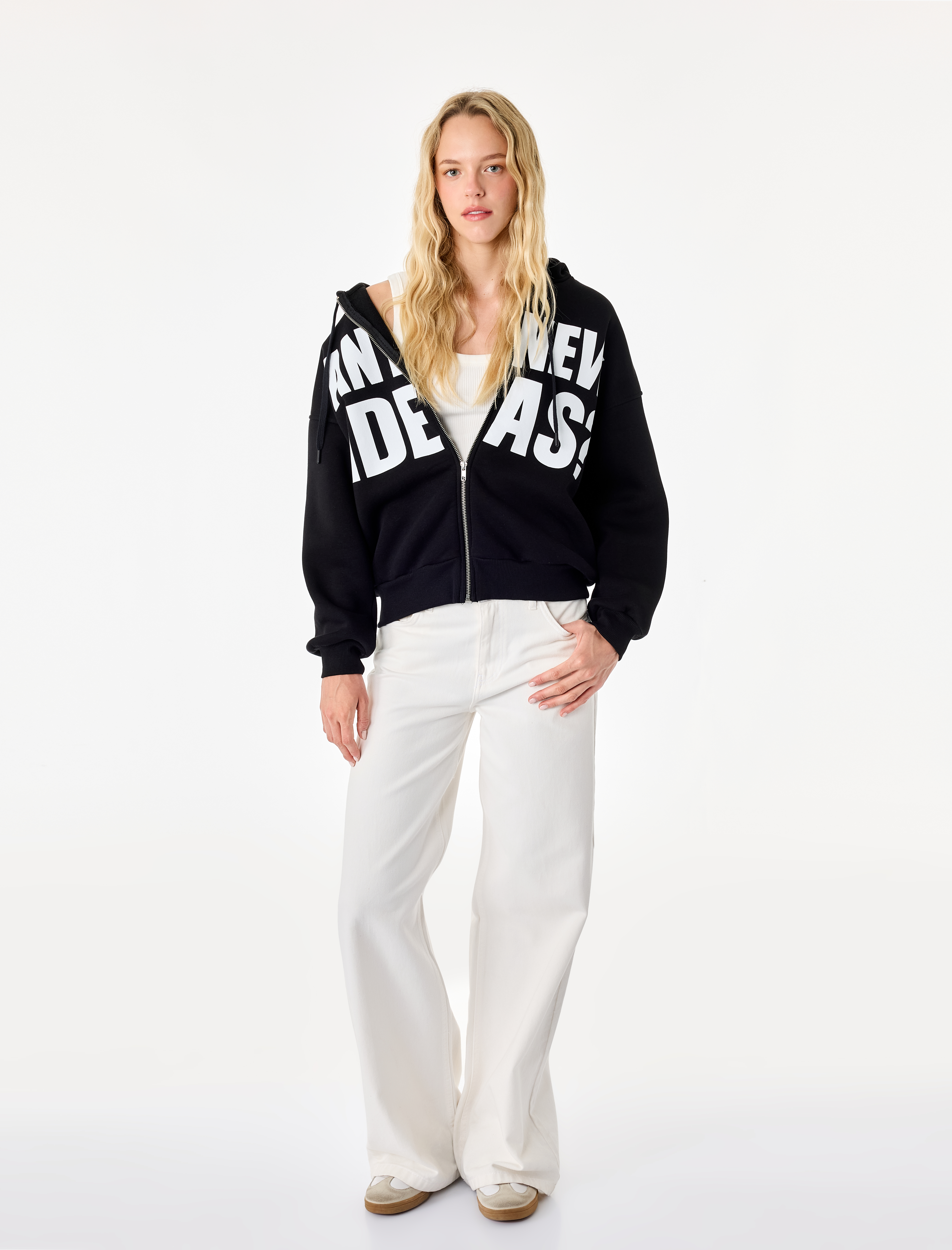   Üç İplik Şardonlu Uzun Kollu Kapüşonlu Baskılı Fermuarlı Oversize Sweatshirt