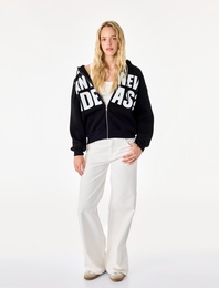 Üç İplik Şardonlu Uzun Kollu Kapüşonlu Baskılı Fermuarlı Oversize Sweatshirt