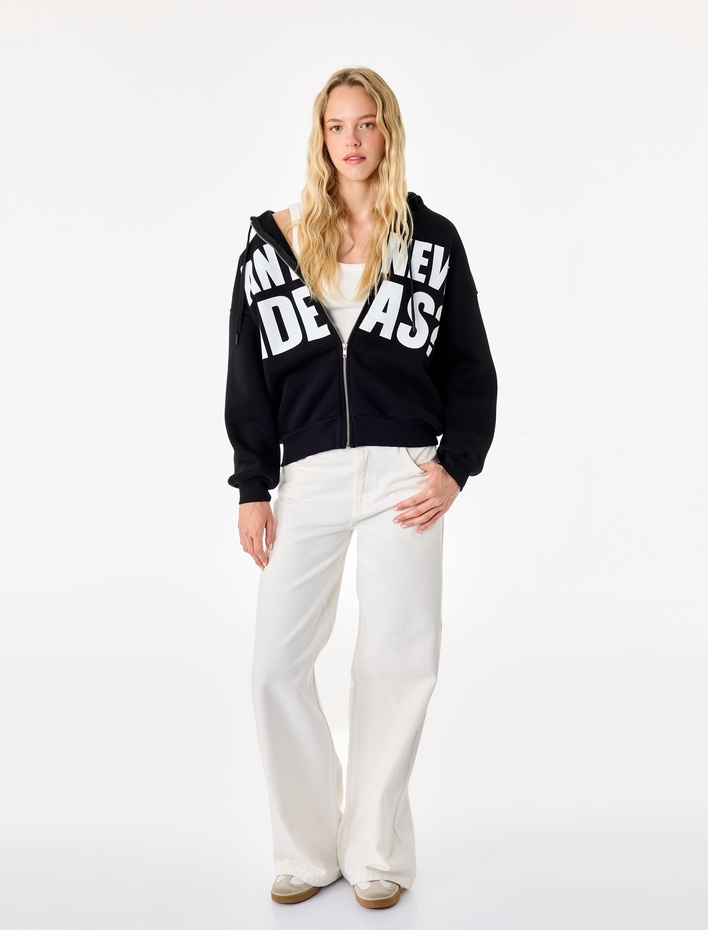  Üç İplik Şardonlu Uzun Kollu Kapüşonlu Baskılı Fermuarlı Oversize Sweatshirt