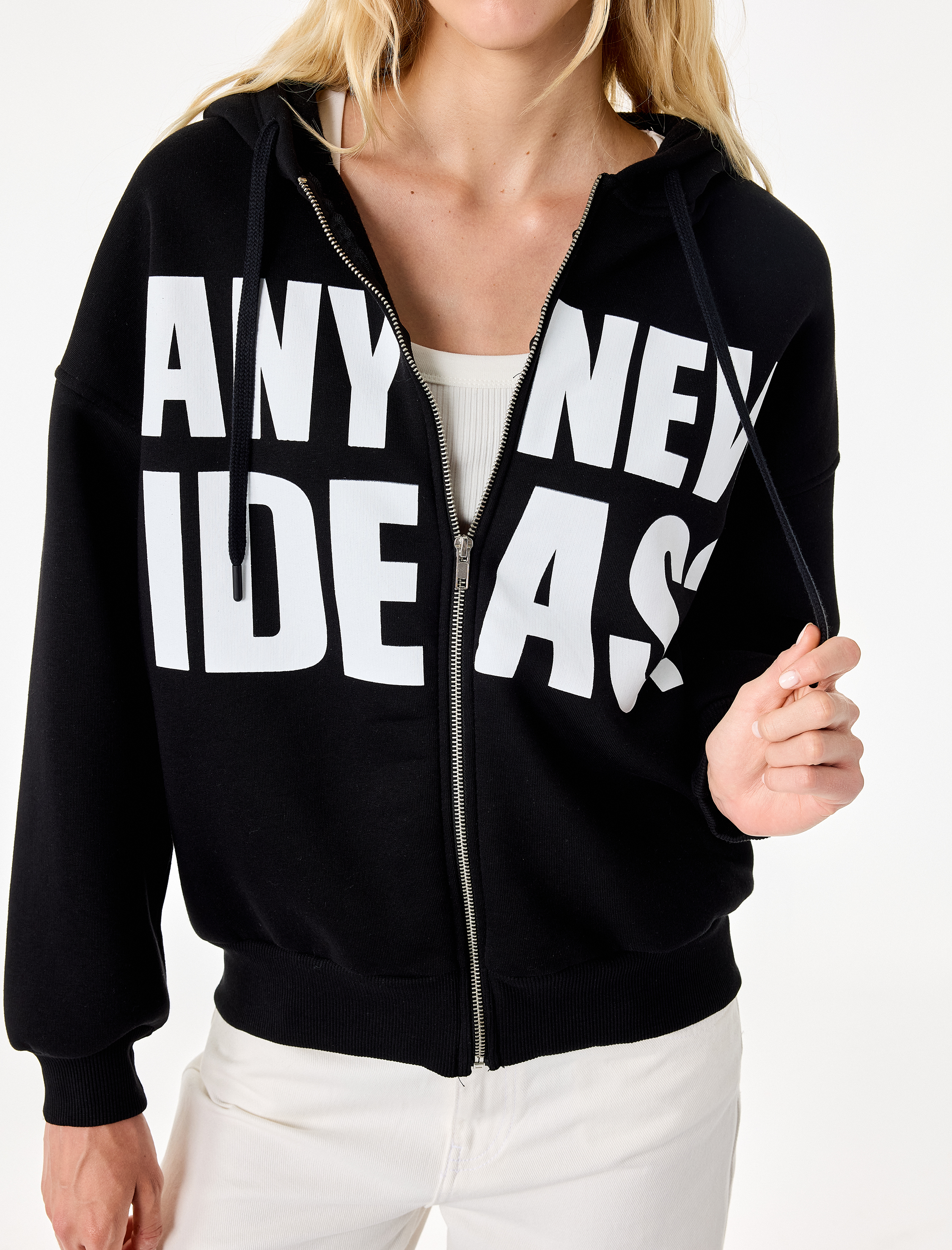   Üç İplik Şardonlu Uzun Kollu Kapüşonlu Baskılı Fermuarlı Oversize Sweatshirt